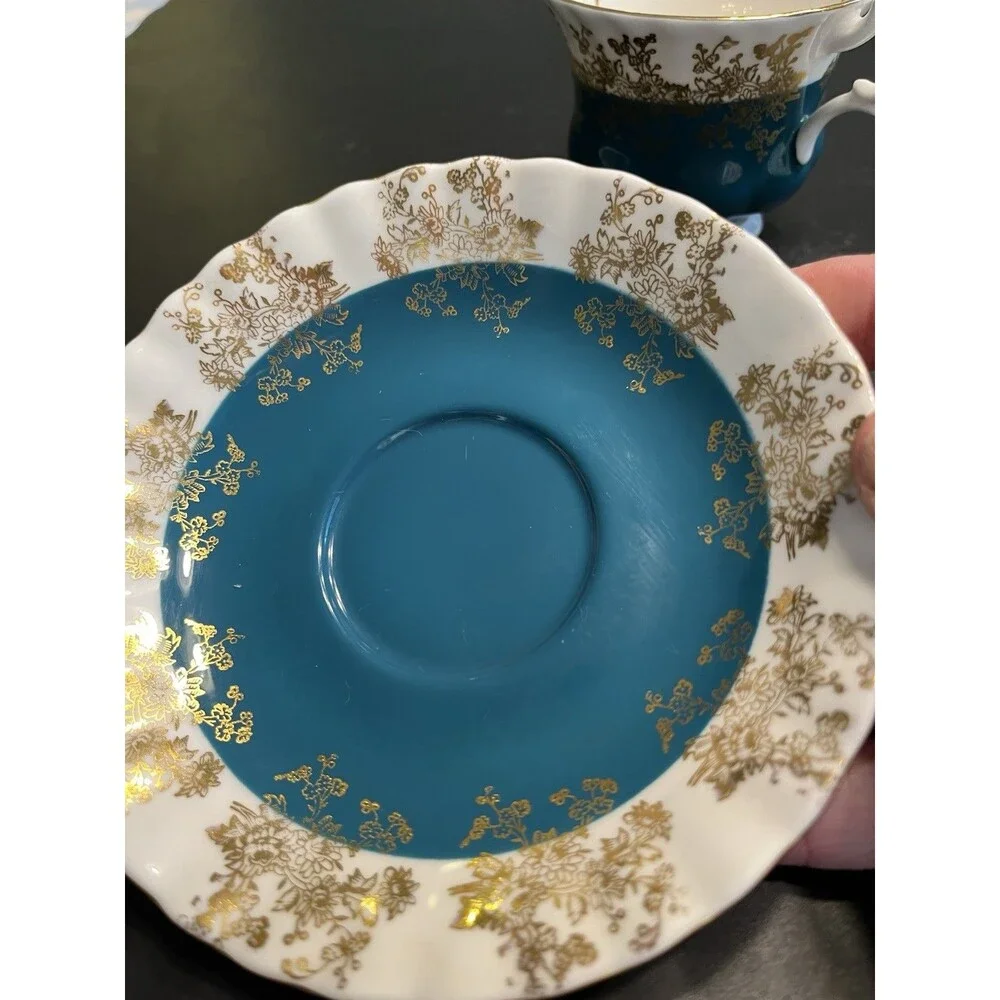 Royal Albert Regal Series Teal Blue w Gold Accents Tea Cup & Saucer Set England